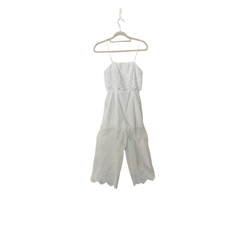 Harper 100% Cotton Strappy Floral Eyelet Design Ruffle Hem Jumpsuit Sz S Relaxed - Picture 2 of 10